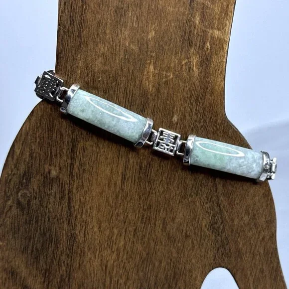 Jade Of Yesteryear Station Bracelet Green Jade Panels Sterling Silver 7.25" Cast - Picture 2 of 14